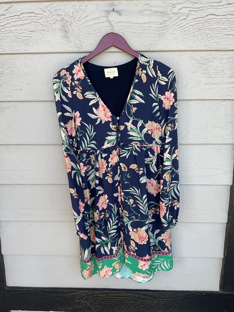Sézane Navy Floral Long-Sleeve Mini Dress sz 36