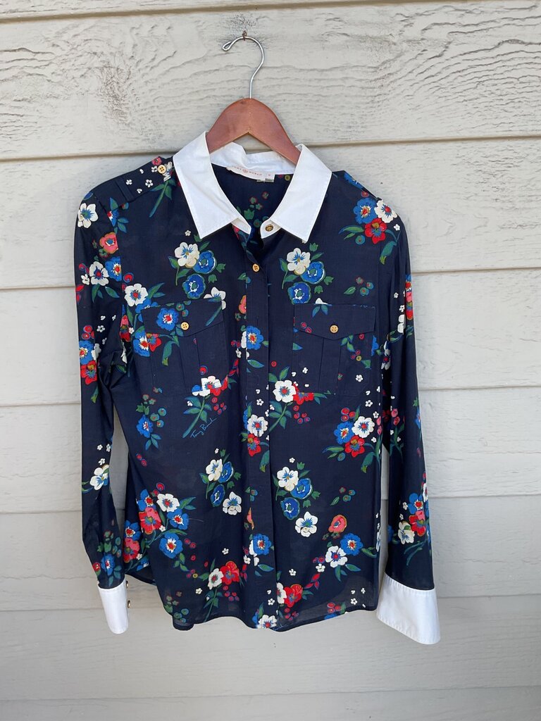Tory Burch Floral Print Contrast Collar Long Sleeve Shirt sz 12
