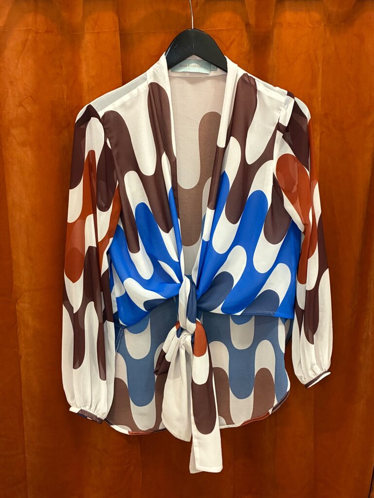 Silvia Tcherassi Printed Long-Sleeve Tie-Waist Blouse sz S