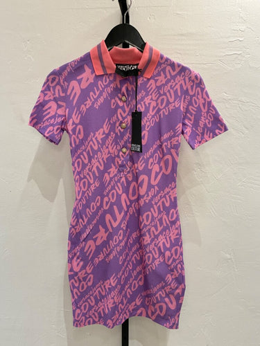Versace Jeans Couture Pink and Purple Logo Brush All Pique Polo Mini Dress sz XS