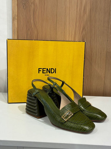 Fendi Croc-Embossed FF Slingback Block Heel Pumps - Size 38.5 sz 38.5