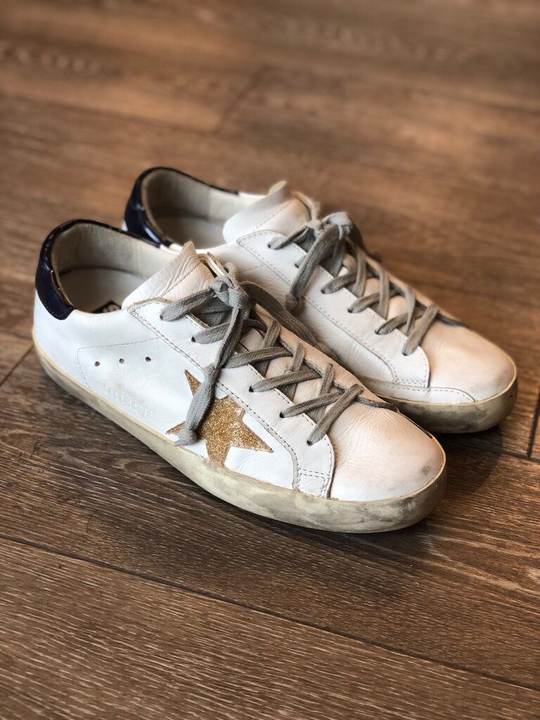 Golden Goose White Superstar Sneakers with Gold Glitter Star sz 39