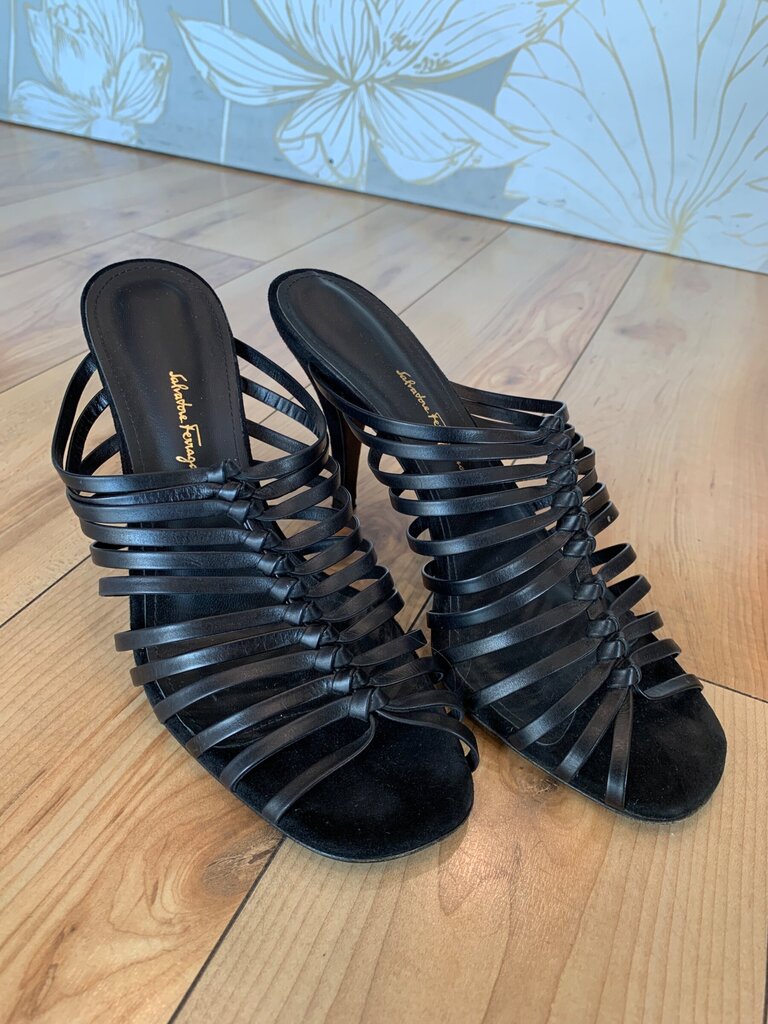Salvatore Ferragamo Black Strappy Leather Heeled Mules sz 9