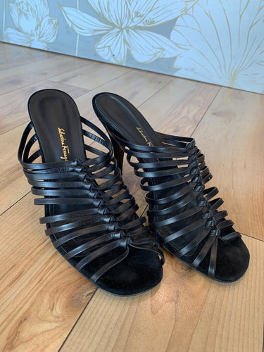 Salvatore Ferragamo Black Strappy Leather Heeled Mules sz 9