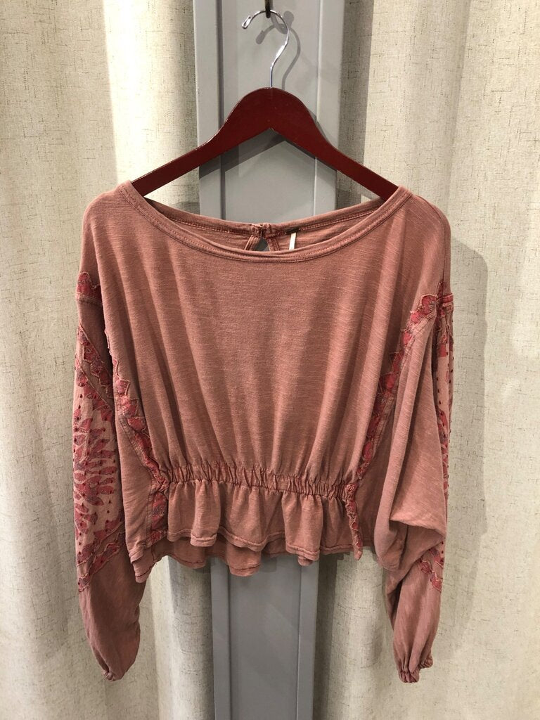 Free People Long Sleeve Embroidered Peplum Crop Top sz S