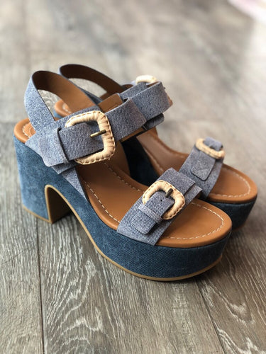 See by Chloé Denim Platform Wedge Sandals sz 39