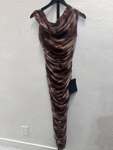Lulus Brown Printed Ruched Mesh Maxi Dress sz M