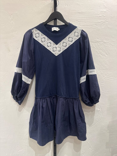 Tanya Taylor Navy Lace-Trim Balloon Sleeve Mini Dress sz XS
