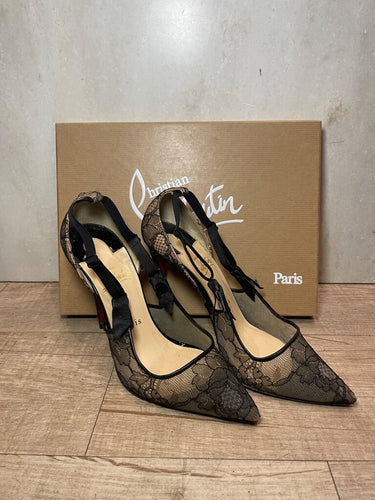 Christian Louboutin Black Lace Pointed Toe Ribbon Tie Pumps sz 39
