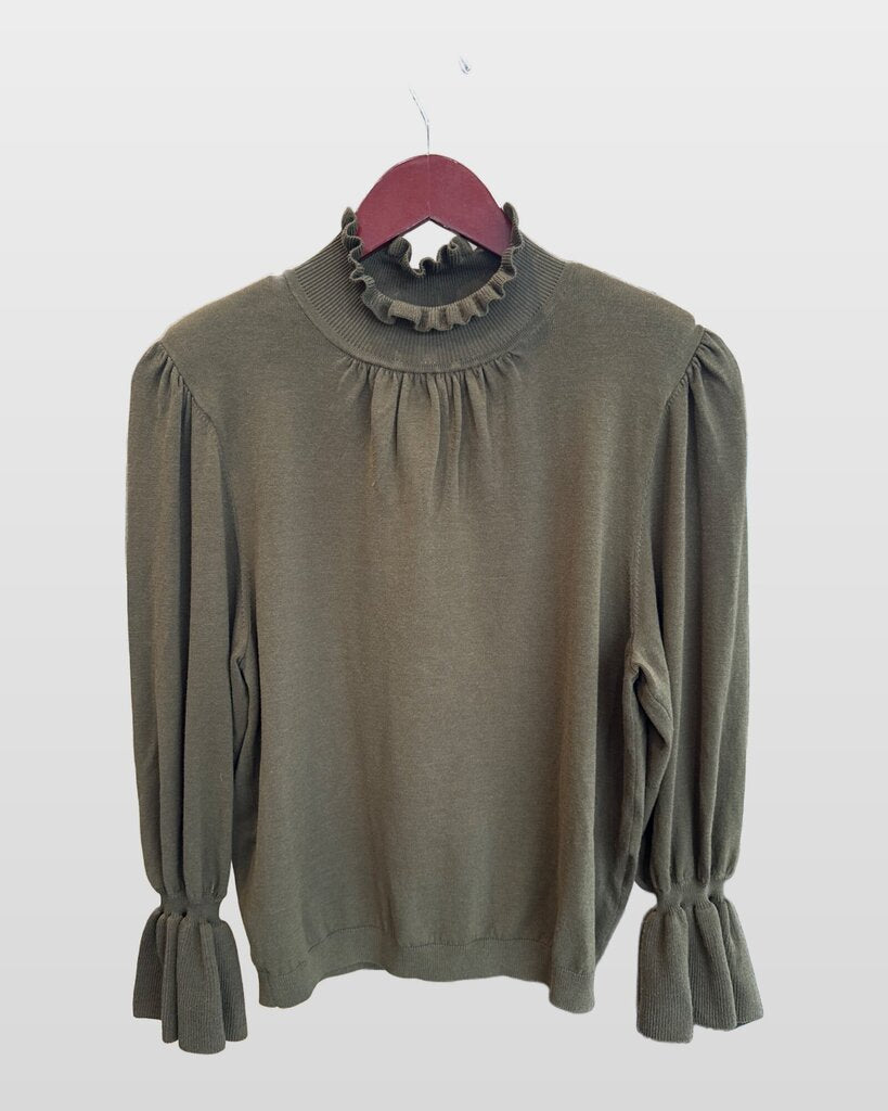 ba&sh Olive Green Ruffle Neck Knit Sweater sz 2