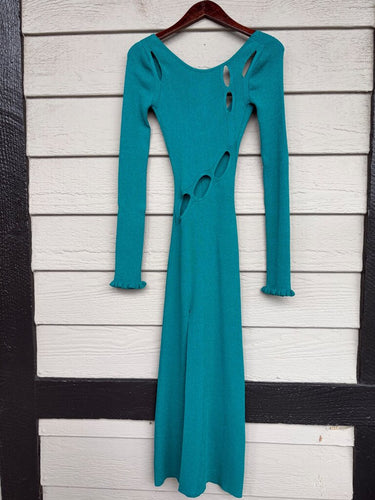 For Love & Lemons Teal Ribbed Knit Cut-Out Long Sleeve Midi Dress sz XS