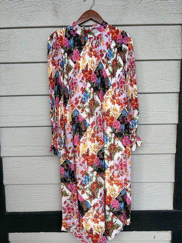 Anthropologie Multi Floral Pleated Long Sleeve Midi Dress sz XXS