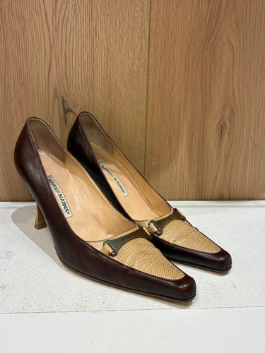 Manolo Blahnik Brown Leather & Exotic Pointed Toe Pumps sz 39