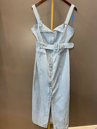 JLUXLABEL Light Wash Denim Belted Midi Dress sz XL