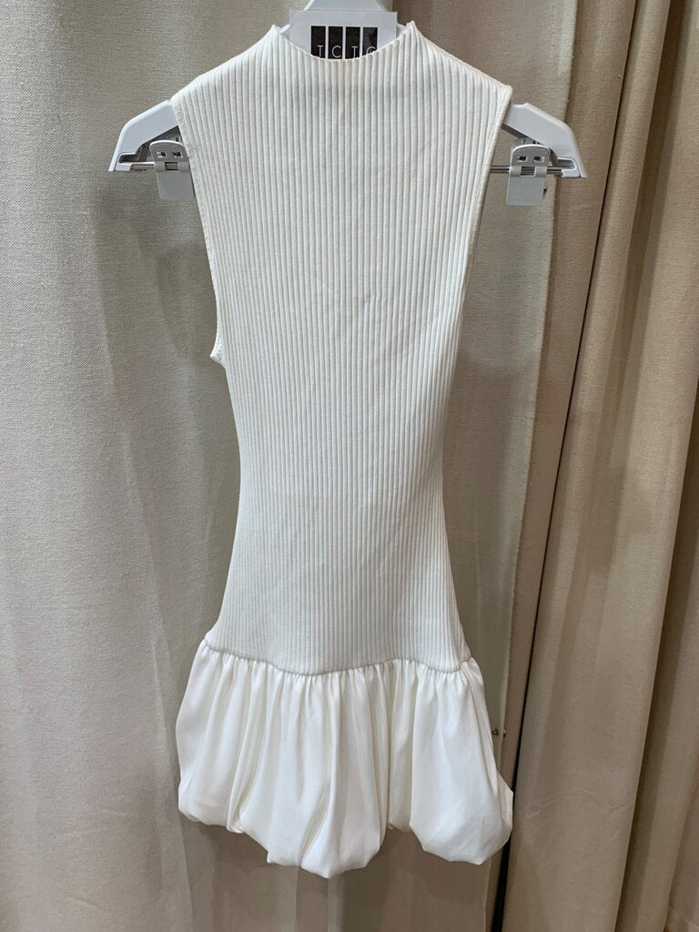 Zara White Ribbed Cutout Bubble-Hem Mini Dress