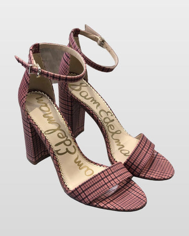 Sam Edelman Pink Plaid Yaro Ankle Strap Block Heel Sandals sz 7½