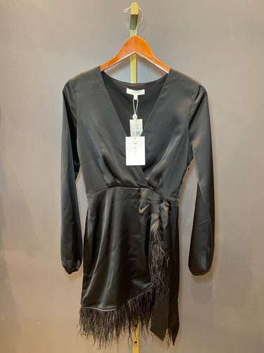 WAYF Black Satin Feather Hem Long Sleeve Mini Dress sz XS