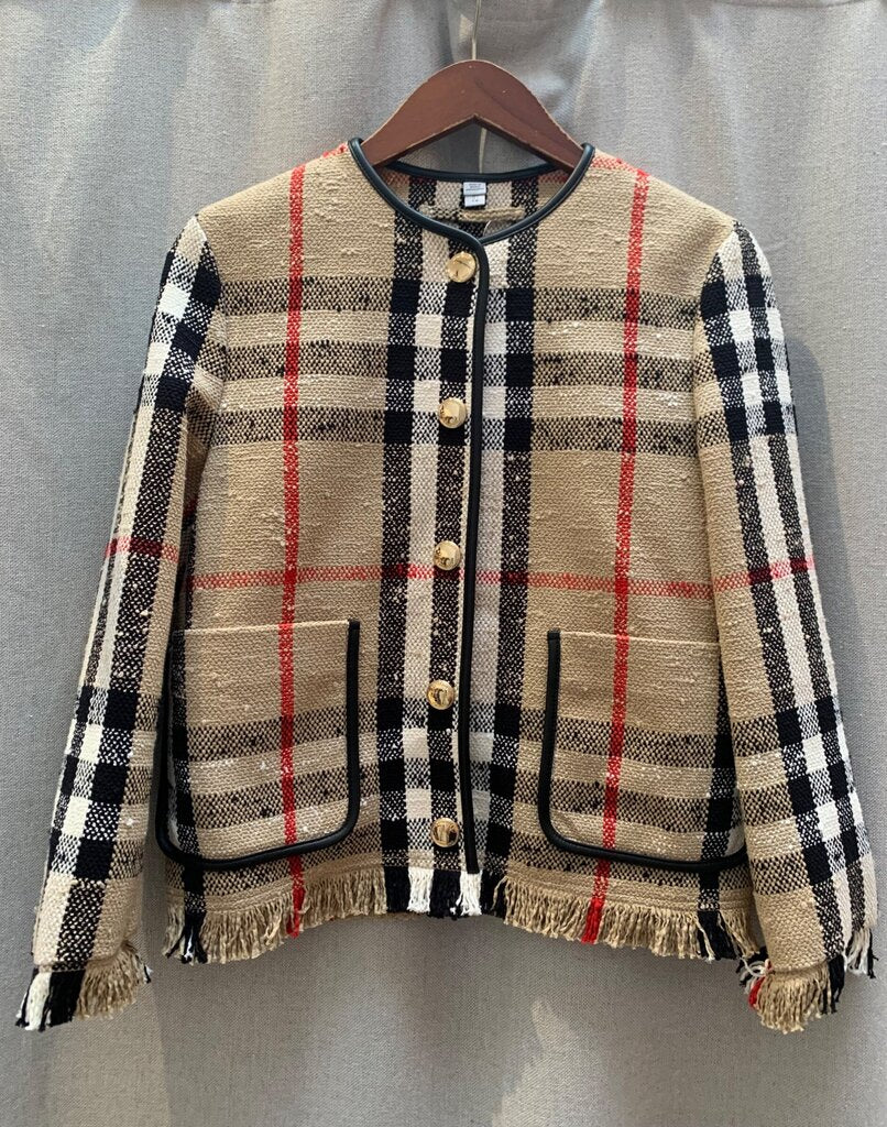 Burberry Ulney Check Fringe Tweed Jacket sz 2