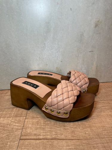 Aqua Blush Pink Braided Wooden Platform Slide Sandals sz 6