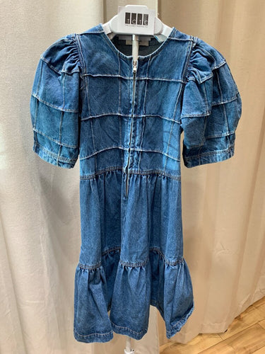 Sea New York Denim Puff Sleeve Tiered Zip-Front Mini Dress sz S