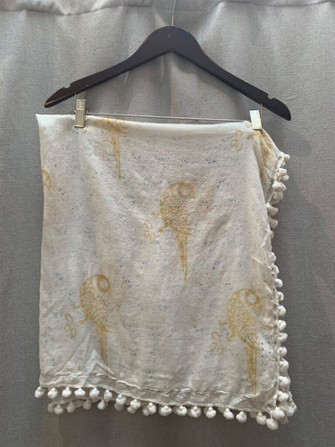 Joshi Silk Cotton Bird Print Pom-Pom Trim Scarf