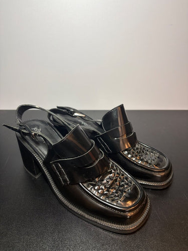 Jeffrey Campbell Black Woven Leather Slingback Loafer Pumps sz 9