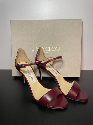 Jimmy Choo Burgundy Leather Ankle Strap Heeled Sandals sz 37