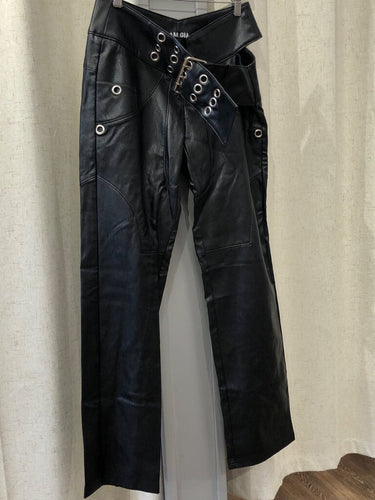 I.AM.GIA Black Faux Leather Grommet Belted Pants sz S
