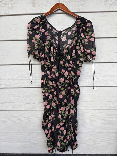 For Love & Lemons Black Floral Ruched Silk-Blend Mini Dress sz L