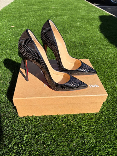 Christian Louboutin Kristali 120 Patent/Suede Burma Pumps sz 37.5 With Box