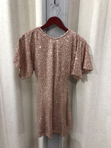 Zara Rose Gold Sequin Drape Back Mini Dress sz XS