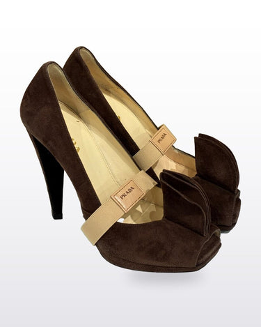 Prada Brown Suede Peep Toe Ruffle Pumps Size 37 sz 37