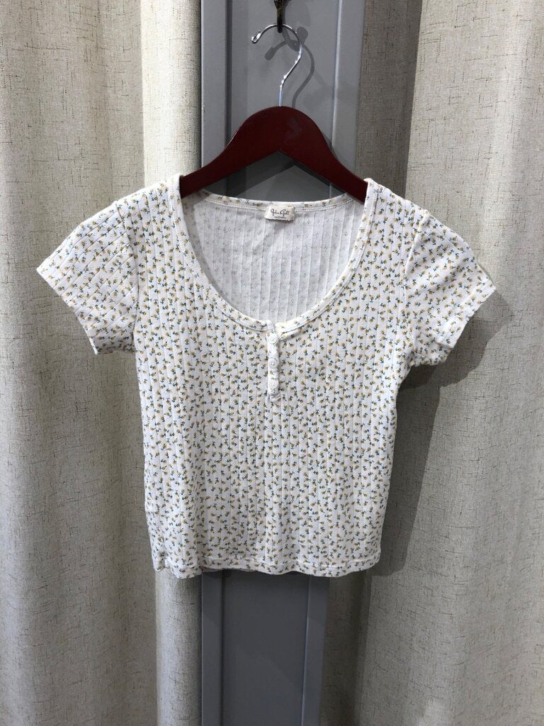 John Galt Floral Ribbed Short Sleeve Henley Top sz O/S