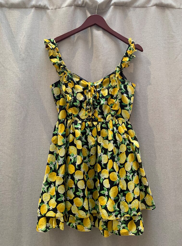 Betsey Johnson Lemon Print Ruffle Strap Mini Dress sz 2