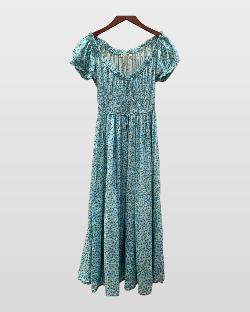 Dôen Blue Floral Smocked Short Sleeve Maxi Dress sz S