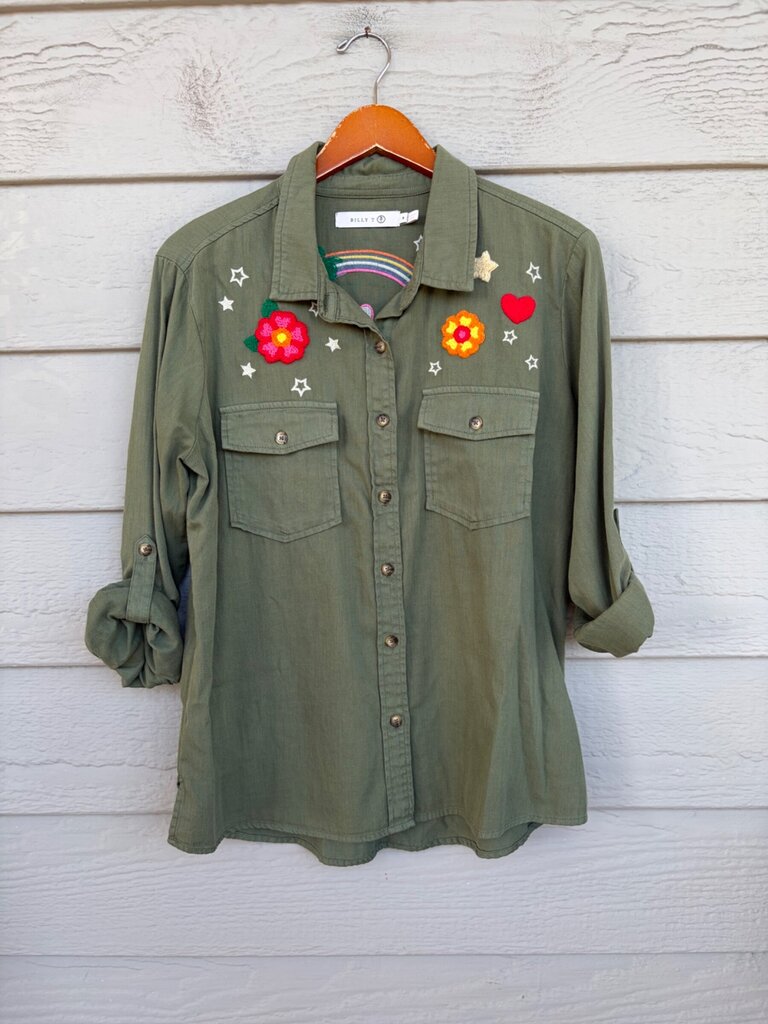 Billy T Olive Embroidered Appliqué Button-Front Shirt sz M
