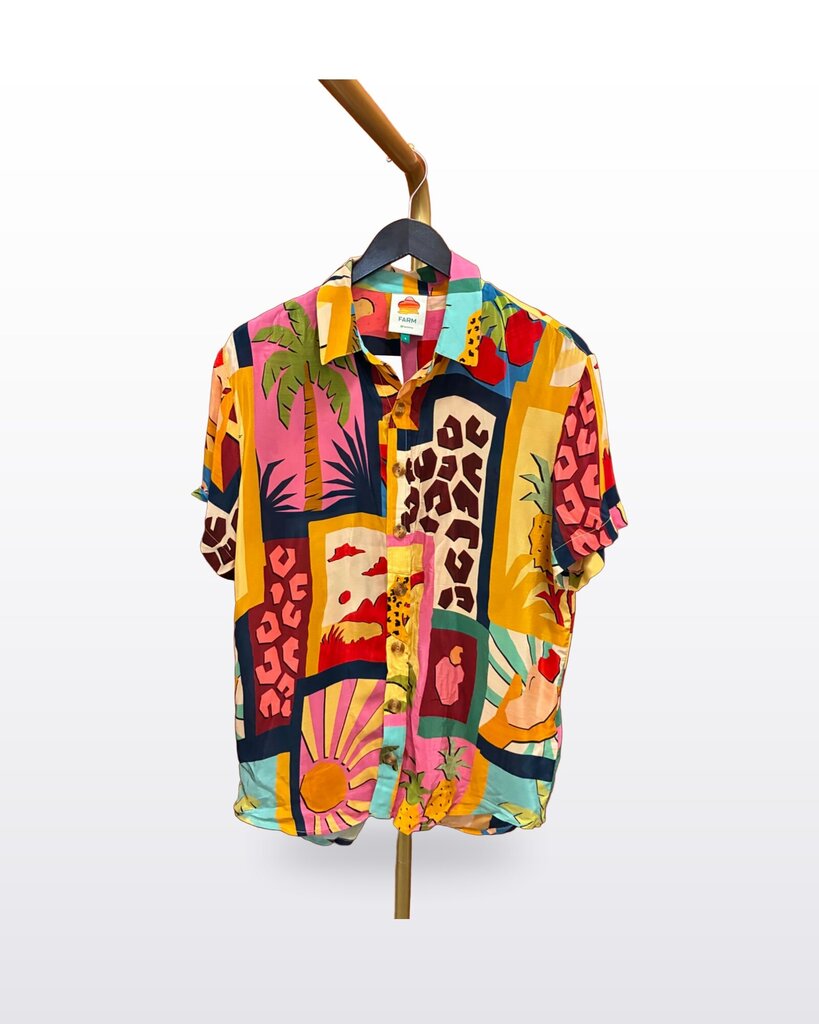 Farm Rio Multicolor Tropical Collage Short Sleeve Button-Down Shirt sz S