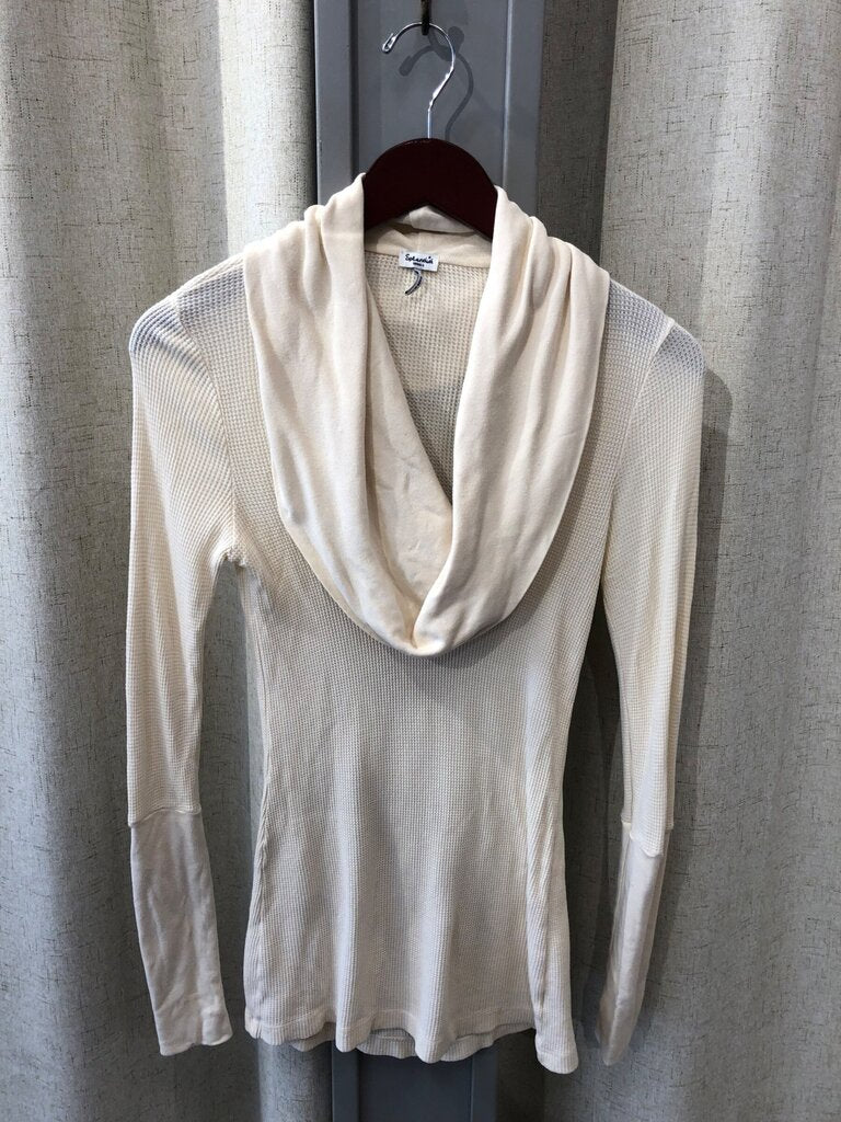 Splendid Cream Thermal Waffle Knit Cowl Hood Long Sleeve Top sz Small