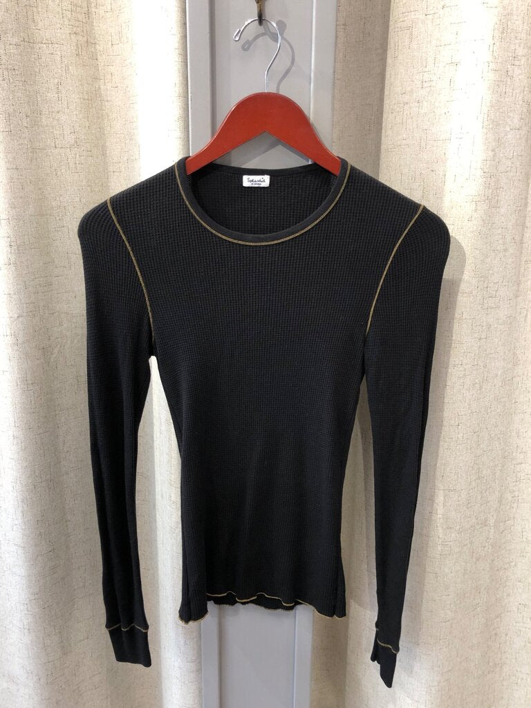 Splendid Black Waffle Knit Long Sleeve Top with Contrast Stitching sz X-SMALL