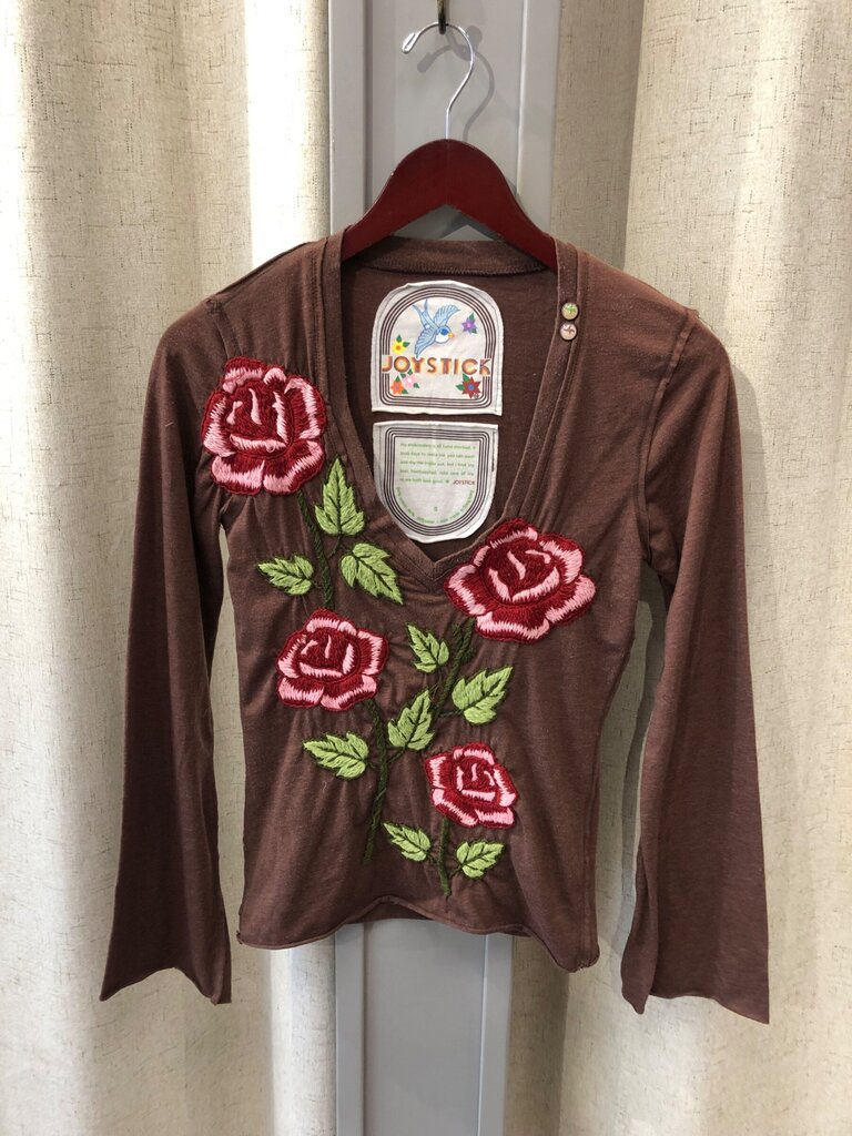 Joystick Brown Floral Embroidered Long Sleeve Top sz S