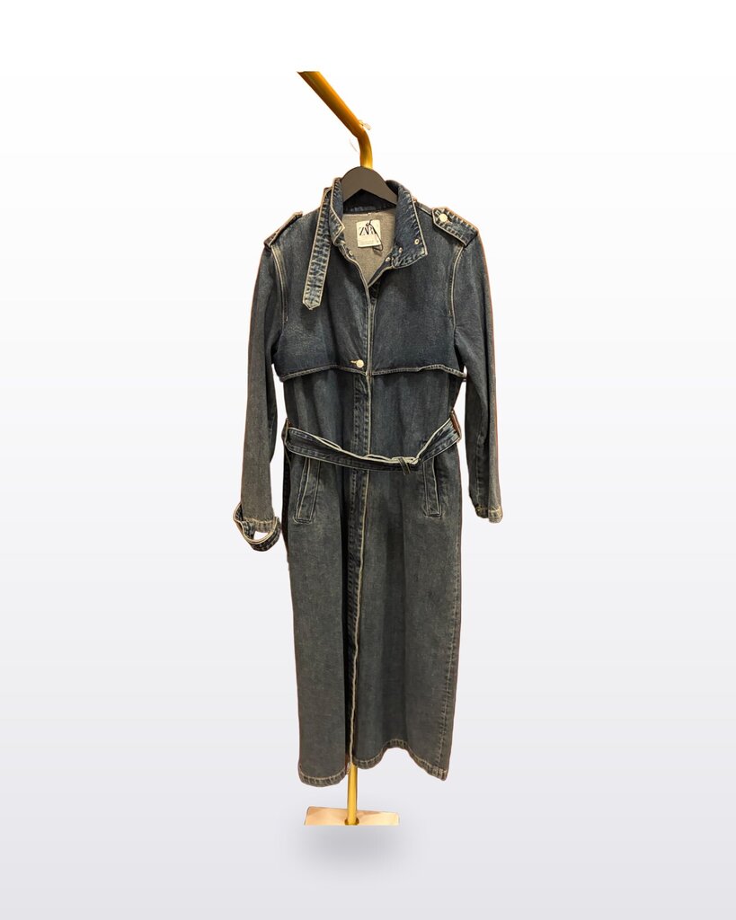 Zara Denim Belted Long Trench Coat sz M