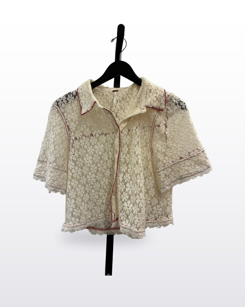 Free People Lace Short Sleeve Button-Front Shirt sz S/P