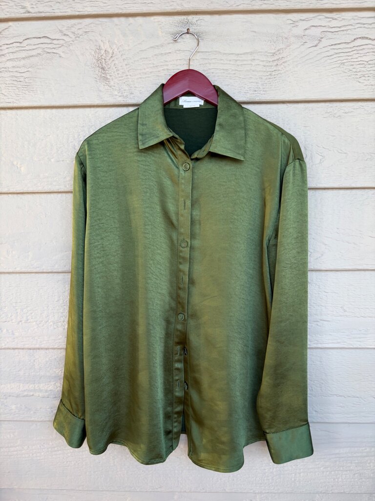 Lovers + Friends Olive Green Satin Button-Down Long Sleeve Top sz S