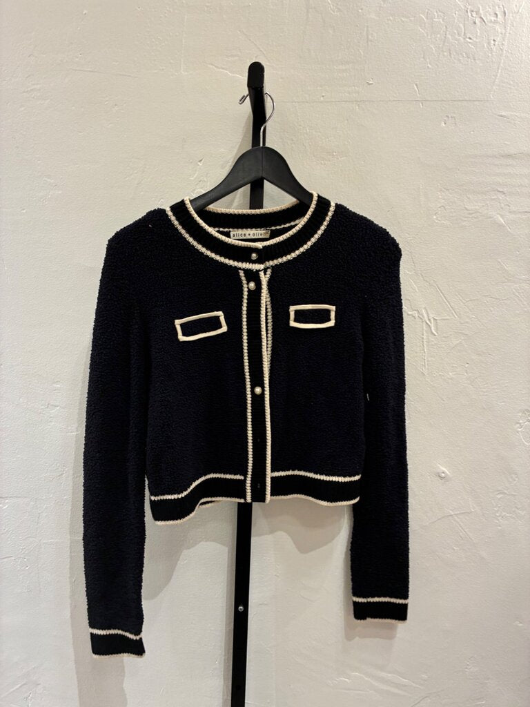 Alice + Olivia Black Contrast-Trim Knit Cardigan sz S/P