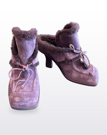 Burberry Purple Suede Shearling Moccasin Heeled Mules sz 39.5