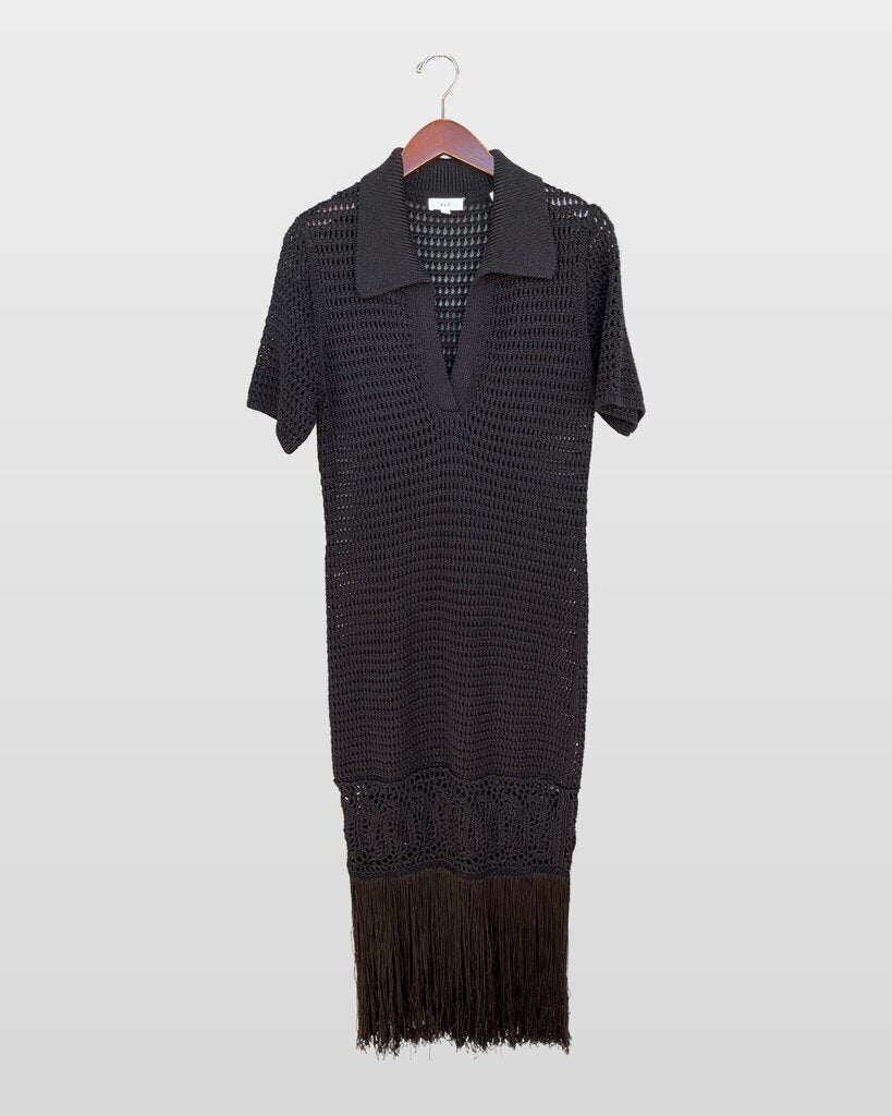 A.L.C. Black Crochet Knit Polo Midi Dress with Fringe Hem sz L