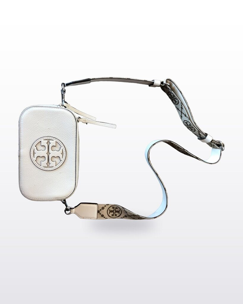 Tory Burch White Pebbled Leather Bombe Camera Crossbody Bag