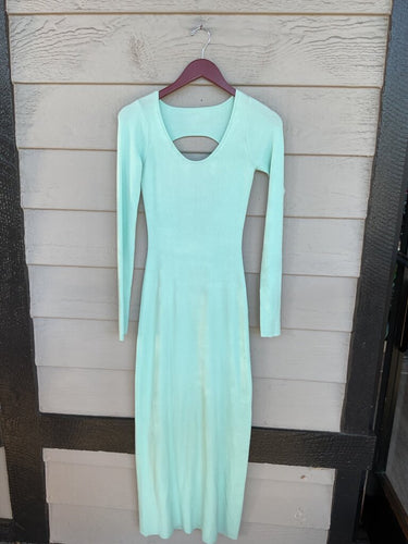 Alo Yoga Mint Green Cashmere Ribbed Long Sleeve Cut-Out Midi Dress sz XS
