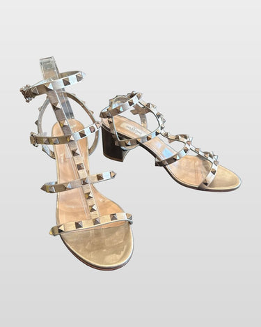 Valentino Garavani Metallic Rockstud Block Heel Sandals Size 39.5 sz 39 1/2