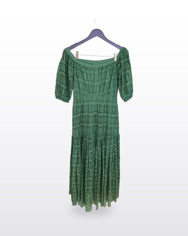 Veronica Beard Green Eyelet Off-The-Shoulder Midi Dress sz 2